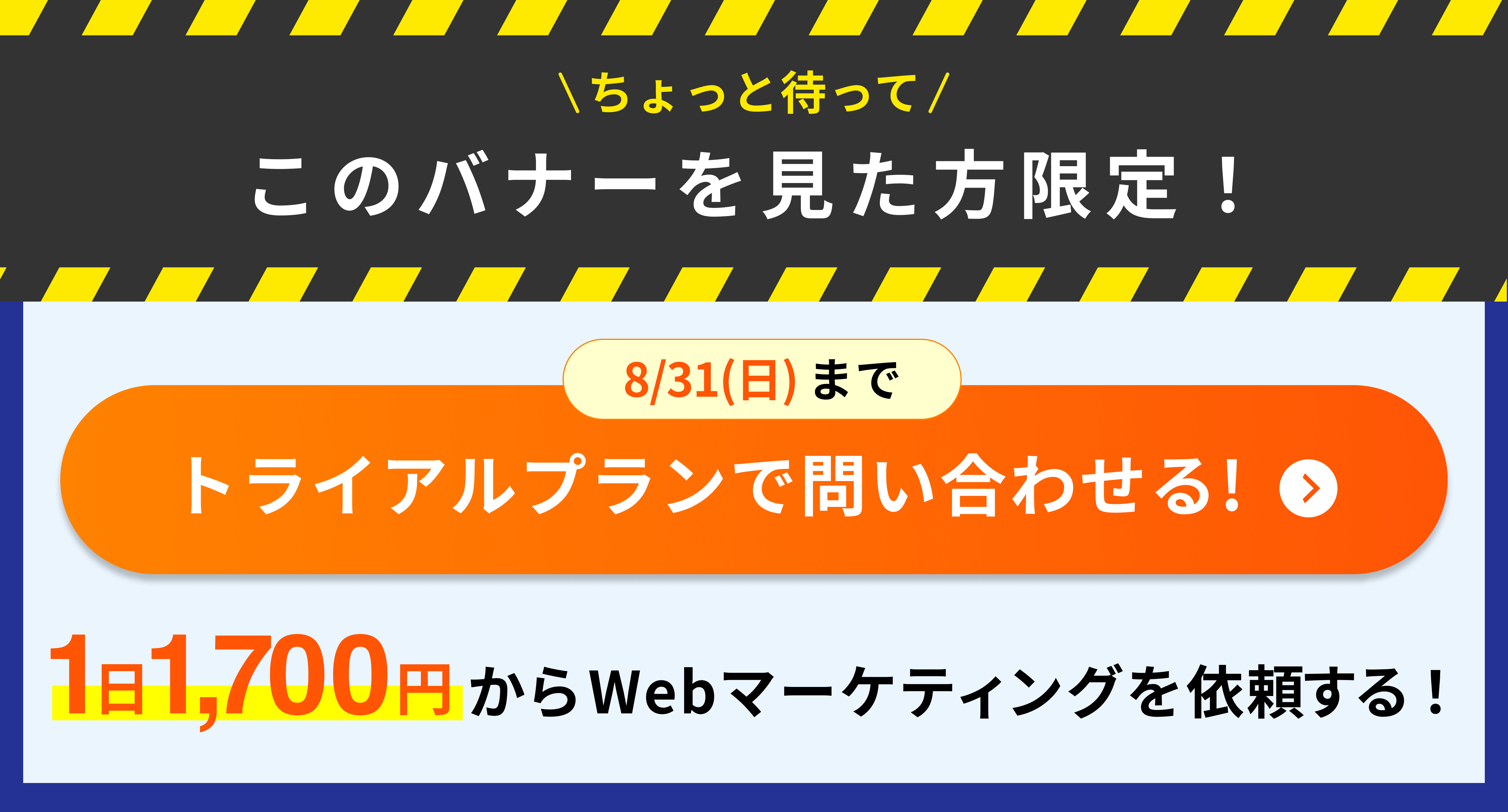 このバナーを見た方限定です！月額5万円からWebマーケティング業務を格安で依頼し放題！12/29（金）までに問い合わせでトライアルプラン適用！最安値プランで申し込む！